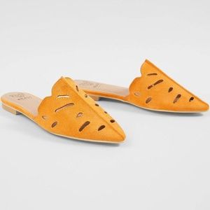 NEW mustard yellow cut out mules faux suede in box